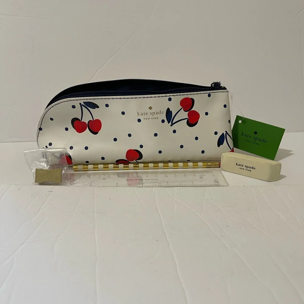 Kate Spade Vintage Cherry & Polka Dot Pencil Case with Accessories - NWT *